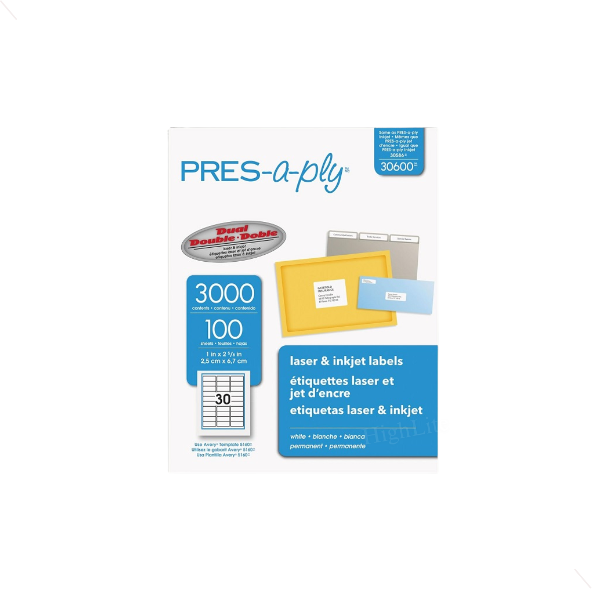 PRES-a-ply 30600 1 inch x 2-⅝ inches White Laser 30 Labels Per Sheet.